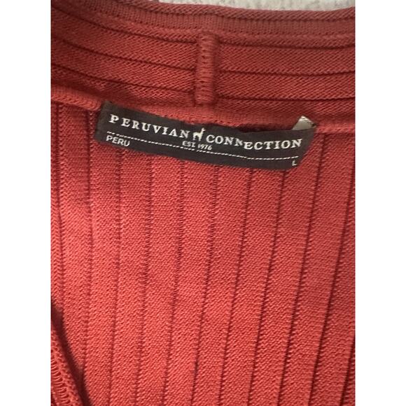 Peruvian Connection Pima Cotton Red Ribbed Long SLV Knit Fit Flare Midi Dress Lg - Picture 9 of 10